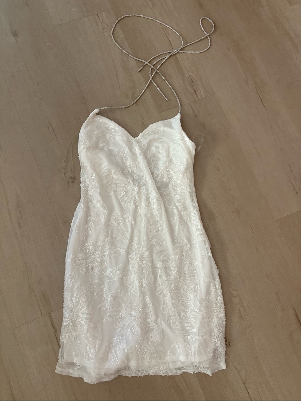 Francesca's Collections Ivory Beaded Halter Mini Dress